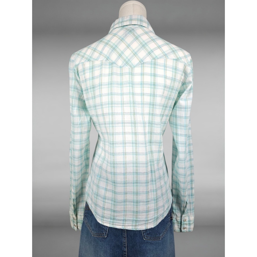 Vintage Y2K Aeropostale Western Pearl Snap Shimmer Plaid Shirt Teal White Medium - Picture 2 of 10